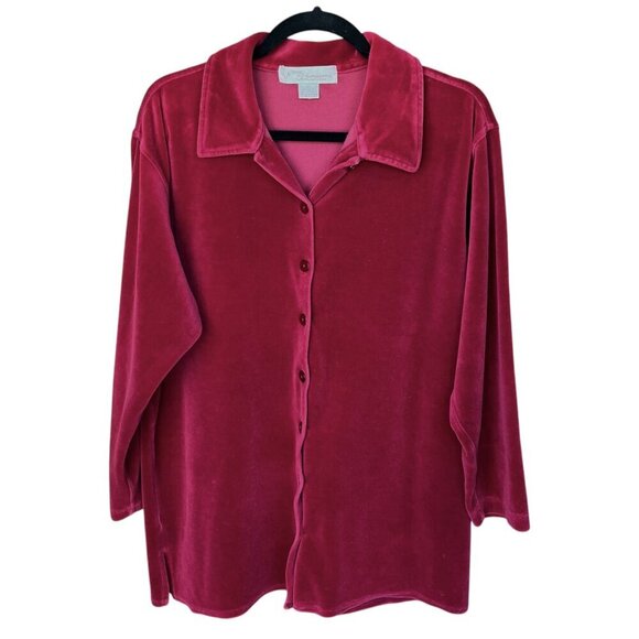Norm Thompson Womens Velvet Button Up Top Size L Red Holiday Christmas Mature - Picture 1 of 12
